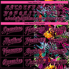 Laden Sie das Bild in den Galerie-Viewer, Uksn Individuelles Bomberjacke in Schwarz-Pink-Hellblau mit 3D-Hawaii-Palmen-Design, Druckknopfleiste und Varsity-Letterman-Stil
