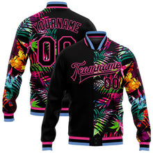 Laden Sie das Bild in den Galerie-Viewer, Uksn Individuelles Bomberjacke in Schwarz-Pink-Hellblau mit 3D-Hawaii-Palmen-Design, Druckknopfleiste und Varsity-Letterman-Stil
