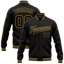 Laden Sie das Bild in den Galerie-Viewer, Uksn Individuelles Bomberjacke in Schwarz mit altgoldfarbenen Nadelstreifen in Altgold, Druckknopfleiste und Varsity-Letterman-Stil
