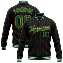 Laden Sie das Bild in den Galerie-Viewer, Uksn Individuelles Bomberjacke in Schwarz mit altgoldfarbenen Nadelstreifen in Kelly-Grün-Creme, Druckknopfleiste und Varsity-Letterman-Stil
