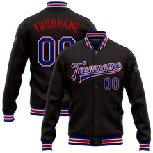 Laden Sie das Bild in den Galerie-Viewer, Uksn Individuelles Bomberjacke in Schwarz mit roten Nadelstreifen in Royalblau-Weiß, Druckknopfleiste und Varsity-Letterman-Stil
