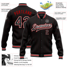 Laden Sie das Bild in den Galerie-Viewer, Uksn Individuelles Bomberjacke in Schwarz mit roten Nadelstreifen in Weiß, Druckknopfleiste und Varsity-Letterman-Stil
