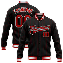 Laden Sie das Bild in den Galerie-Viewer, Uksn Individuelles Bomberjacke in Schwarz mit roten Nadelstreifen in Rot-Weiß, Druckknopfleiste und Varsity-Letterman-Stil
