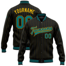 Laden Sie das Bild in den Galerie-Viewer, Uksn Individuelles Bomberjacke in Schwarz mit gelben Nadelstreifen in Petrol, Druckknopfleiste und Varsity-Letterman-Stil

