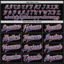 Laden Sie das Bild in den Galerie-Viewer, Uksn Individuelles Bomberjacke in Schwarz mit orangefarbenen Nadelstreifen in Royalblau-Weiß, Druckknopfleiste und Varsity-Letterman-Stil
