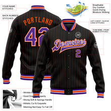 Laden Sie das Bild in den Galerie-Viewer, Uksn Individuelles Bomberjacke in Schwarz mit orangefarbenen Nadelstreifen in Violett-Weiß, Druckknopfleiste und Varsity-Letterman-Stil
