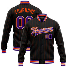 Laden Sie das Bild in den Galerie-Viewer, Uksn Individuelles Bomberjacke in Schwarz mit orangefarbenen Nadelstreifen in Violett-Weiß, Druckknopfleiste und Varsity-Letterman-Stil
