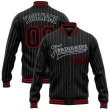 Laden Sie das Bild in den Galerie-Viewer, Uksn Individuelles Bomberjacke in Schwarz mit grauen Nadelstreifen in Rot, Druckknopfleiste und Varsity-Letterman-Stil
