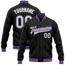 Laden Sie das Bild in den Galerie-Viewer, Uksn Individuelles Bomberjacke in Schwarz mit grauen Nadelstreifen in Weiß-Violett, Druckknopfleiste und Varsity-Letterman-Stil
