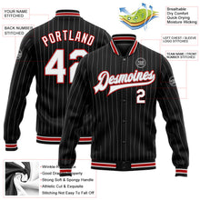 Laden Sie das Bild in den Galerie-Viewer, Uksn Individuelles Bomberjacke in Schwarz mit grauen Nadelstreifen in Weiß-Rot, Druckknopfleiste und Varsity-Letterman-Stil

