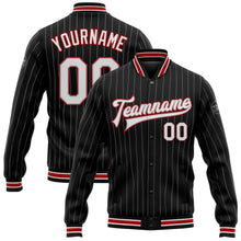 Laden Sie das Bild in den Galerie-Viewer, Uksn Individuelles Bomberjacke in Schwarz mit grauen Nadelstreifen in Weiß-Rot, Druckknopfleiste und Varsity-Letterman-Stil
