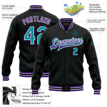 Laden Sie das Bild in den Galerie-Viewer, Uksn Individuelles Bomberjacke in Schwarz mit petrolfarbenen Nadelstreifen in Violett, Druckknopfleiste und Varsity-Letterman-Stil
