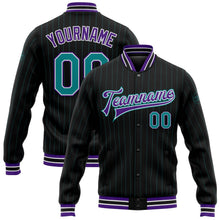 Laden Sie das Bild in den Galerie-Viewer, Uksn Individuelles Bomberjacke in Schwarz mit petrolfarbenen Nadelstreifen in Violett, Druckknopfleiste und Varsity-Letterman-Stil
