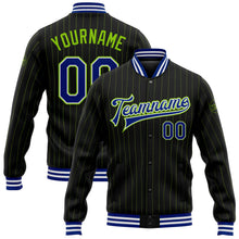 Laden Sie das Bild in den Galerie-Viewer, Uksn Individuelles Bomberjacke in Schwarz mit neongrünen Nadelstreifen in Royalblau-Weiß, Druckknopfleiste und Varsity-Letterman-Stil
