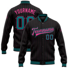 Laden Sie das Bild in den Galerie-Viewer, Uksn Individuelles Bomberjacke in Schwarz mit pinken Nadelstreifen in Petrol, Druckknopfleiste und Varsity-Letterman-Stil
