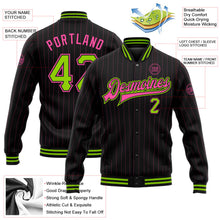 Laden Sie das Bild in den Galerie-Viewer, Uksn Individuelles Bomberjacke in Schwarz mit pinken Nadelstreifen in Neongrün, Druckknopfleiste und Varsity-Letterman-Stil
