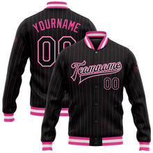 Laden Sie das Bild in den Galerie-Viewer, Uksn Individuelles Bomberjacke in Schwarz mit pinken Nadelstreifen in Schwarz-Weiß, Druckknopfleiste und Varsity-Letterman-Stil
