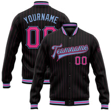 Laden Sie das Bild in den Galerie-Viewer, Uksn Individuelles Bomberjacke in Schwarz mit pinken Nadelstreifen in Hellblau, Druckknopfleiste und Varsity-Letterman-Stil
