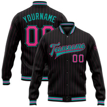 Laden Sie das Bild in den Galerie-Viewer, Uksn Individuelles Bomberjacke in Schwarz mit pinken Nadelstreifen in Aqua, Druckknopfleiste und Varsity-Letterman-Stil
