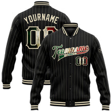 Laden Sie das Bild in den Galerie-Viewer, Uksn Individuelles Bomberjacke in Schwarz mit cremefarbenen Nadelstreifen und Vintage-Mexiko-Flagge, Druckknopfleiste und Varsity-Letterman-Stil
