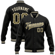 Laden Sie das Bild in den Galerie-Viewer, Uksn Individuelles Bomberjacke in Schwarz mit cremefarbenen Nadelstreifen in Camouflage, Druckknopfleiste und Varsity-Letterman-Stil
