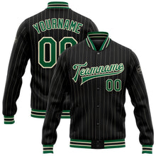 Laden Sie das Bild in den Galerie-Viewer, Uksn Individuelles Bomberjacke in Schwarz mit cremefarbenen Nadelstreifen in Kelly-Grün, Druckknopfleiste und Varsity-Letterman-Stil
