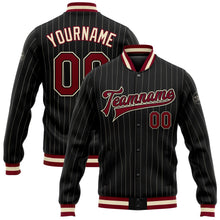 Laden Sie das Bild in den Galerie-Viewer, Uksn Individuelles Bomberjacke in Schwarz mit cremefarbenen Nadelstreifen in Kastanienbraun, Druckknopfleiste und Varsity-Letterman-Stil
