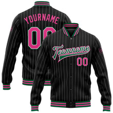 Laden Sie das Bild in den Galerie-Viewer, Uksn Individuelles Bomberjacke in Schwarz mit weißen Nadelstreifen in Pink-Kelly-Grün, Druckknopfleiste und Varsity-Letterman-Stil
