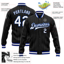 Laden Sie das Bild in den Galerie-Viewer, Uksn Individuelles Bomberjacke in Schwarz mit weißen Nadelstreifen in Royalblau, Druckknopfleiste und Varsity-Letterman-Stil
