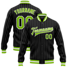 Laden Sie das Bild in den Galerie-Viewer, Uksn Individuelles Bomberjacke in Schwarz mit weißen Nadelstreifen in Neongrün, Druckknopfleiste und Varsity-Letterman-Stil
