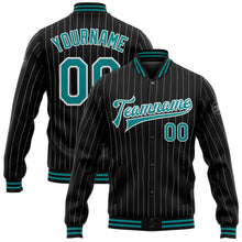 Laden Sie das Bild in den Galerie-Viewer, Uksn Individuelles Bomberjacke in Schwarz mit weißen Nadelstreifen in Petrol, Druckknopfleiste und Varsity-Letterman-Stil
