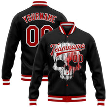 Laden Sie das Bild in den Galerie-Viewer, Uksn Individuelles Bomberjacke in Schwarz-Rot-Weiß mit 3D-Totenkopf-Design, Druckknopfleiste und Varsity-Letterman-Stil
