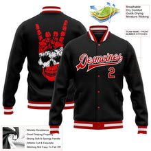 Laden Sie das Bild in den Galerie-Viewer, Uksn Individuelles Bomberjacke in Schwarz-Rot-Weiß mit 3D-Totenkopf-Design, Druckknopfleiste und Varsity-Letterman-Stil
