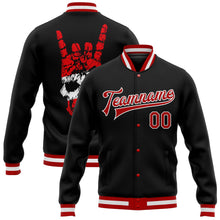 Laden Sie das Bild in den Galerie-Viewer, Uksn Individuelles Bomberjacke in Schwarz-Rot-Weiß mit 3D-Totenkopf-Design, Druckknopfleiste und Varsity-Letterman-Stil

