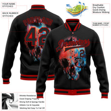 Laden Sie das Bild in den Galerie-Viewer, Uksn Individuelles Bomberjacke in Schwarz-Rot mit 3D-Totenkopf-Design, Druckknopfleiste und Varsity-Letterman-Stil
