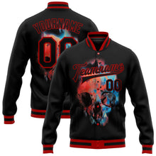 Laden Sie das Bild in den Galerie-Viewer, Uksn Individuelles Bomberjacke in Schwarz-Rot mit 3D-Totenkopf-Design, Druckknopfleiste und Varsity-Letterman-Stil
