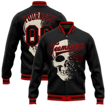 Laden Sie das Bild in den Galerie-Viewer, Uksn Individuelles Bomberjacke in Schwarz-Rot mit 3D-Totenkopf-Design, Druckknopfleiste und Varsity-Letterman-Stil
