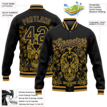 Laden Sie das Bild in den Galerie-Viewer, Uksn Individuelles Bomberjacke in Schwarz-Altgold mit 3D-Totenkopf-Design, Druckknopfleiste und Varsity-Letterman-Stil
