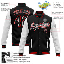 Laden Sie das Bild in den Galerie-Viewer, Uksn Individuelles Bomberjacke in Schwarz-Weiß-Rot mit Druckknopfleiste, Zweifarben-Design und Varsity-Letterman-Stil
