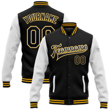 Laden Sie das Bild in den Galerie-Viewer, Uksn Individuelles Bomberjacke in Schwarz-Weiß-Gold mit Druckknopfleiste, Zweifarben-Design und Varsity-Letterman-Stil

