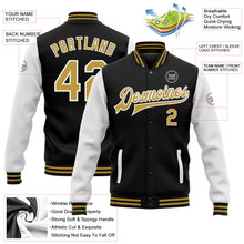 Laden Sie das Bild in den Galerie-Viewer, Uksn Individuelles Bomberjacke in Schwarz-Altgold-Weiß mit Druckknopfleiste, Zweifarben-Design und Varsity-Letterman-Stil
