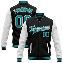 Laden Sie das Bild in den Galerie-Viewer, Uksn Individuelles Bomberjacke in Schwarz-Petrol-Weiß mit Druckknopfleiste, Zweifarben-Design und Varsity-Letterman-Stil
