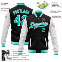 Laden Sie das Bild in den Galerie-Viewer, Uksn Individuelles Bomberjacke in Schwarz-Aqua-Weiß mit Druckknopfleiste, Zweifarben-Design und Varsity-Letterman-Stil

