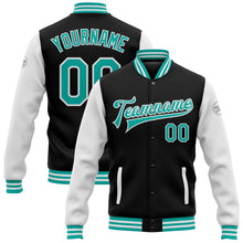 Laden Sie das Bild in den Galerie-Viewer, Uksn Individuelles Bomberjacke in Schwarz-Aqua-Weiß mit Druckknopfleiste, Zweifarben-Design und Varsity-Letterman-Stil
