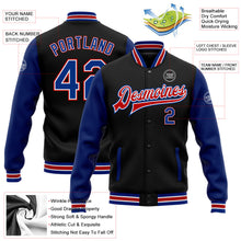 Laden Sie das Bild in den Galerie-Viewer, Uksn Individuelles Bomberjacke in Schwarz-Royalblau-Rot mit Druckknopfleiste, Zweifarben-Design und Varsity-Letterman-Stil
