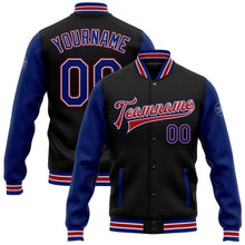 Laden Sie das Bild in den Galerie-Viewer, Uksn Individuelles Bomberjacke in Schwarz-Royalblau-Rot mit Druckknopfleiste, Zweifarben-Design und Varsity-Letterman-Stil
