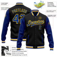 Laden Sie das Bild in den Galerie-Viewer, Uksn Individuelles Bomberjacke in Schwarz-Royalblau-Gelb mit Druckknopfleiste, Zweifarben-Design und Varsity-Letterman-Stil
