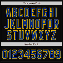 Laden Sie das Bild in den Galerie-Viewer, Uksn Individuelles Bomberjacke in Schwarz-Royalblau-Gelb mit Druckknopfleiste, Zweifarben-Design und Varsity-Letterman-Stil

