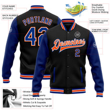 Laden Sie das Bild in den Galerie-Viewer, Uksn Individuelles Bomberjacke in Schwarz-Royalblau-Orange mit Druckknopfleiste, Zweifarben-Design und Varsity-Letterman-Stil
