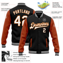 Laden Sie das Bild in den Galerie-Viewer, Uksn Individuelles Bomberjacke in Schwarz-Weiß-Texas-Orange mit Druckknopfleiste, Zweifarben-Design und Varsity-Letterman-Stil
